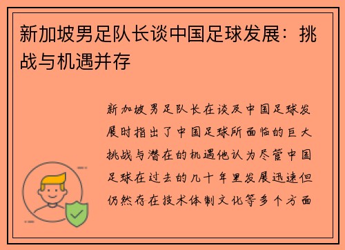 新加坡男足队长谈中国足球发展：挑战与机遇并存